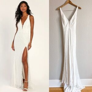 Lulus Eternally Romantic White Lace Backless Mermaid Maxi Dress